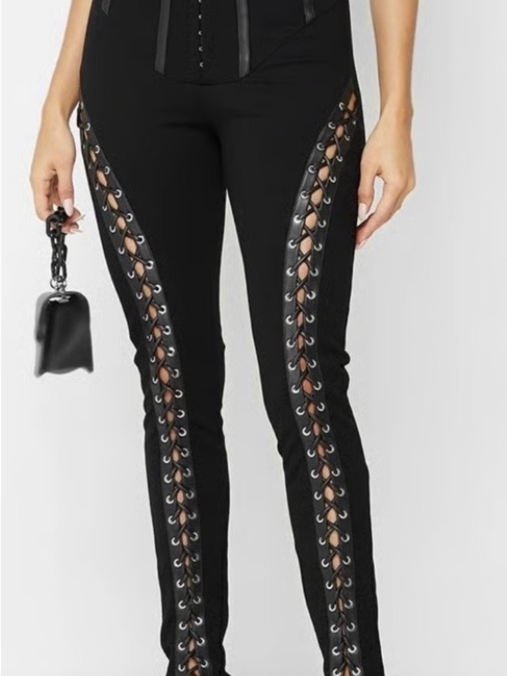 Maniere De Voir Black High-Waist Lace-Up Skinny Pants